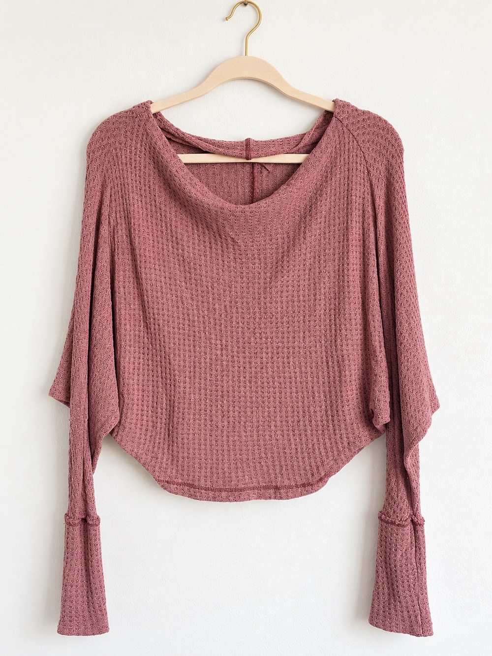 Free People Top Pink Women’s Off the Shoulder Waffle Knit Long Sleeve Size XS